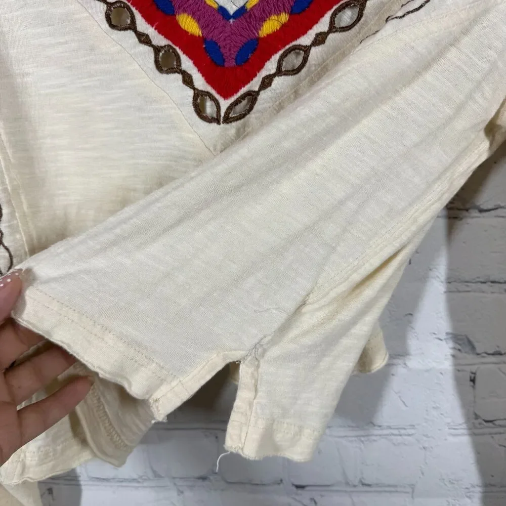 Free People Blouse Womens Small Ivory Embroidered Boho Balloon Sleeve Crop Top